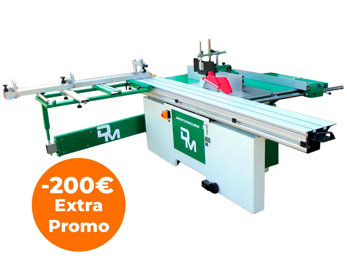 Table saw for equiped with circular saw Ø 315 mm height adjustable and tilt up to 45°, engraver, carriage 3000 mm and vertical spindle moulder