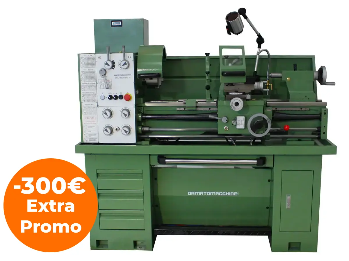 Torno universal semiprofesional Multitech de 910,38 con distancia entre centros de 910 mm, orificio de barra pasante de 38 mm alimentado por un motor monofásico de 3HP (versión trifásica disponible como opción)

